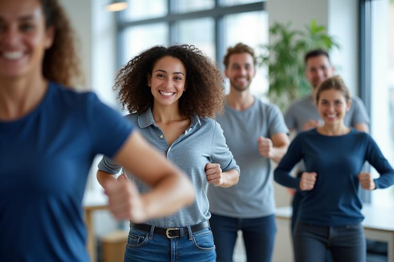 A group of office workers participating in a light exercise session.